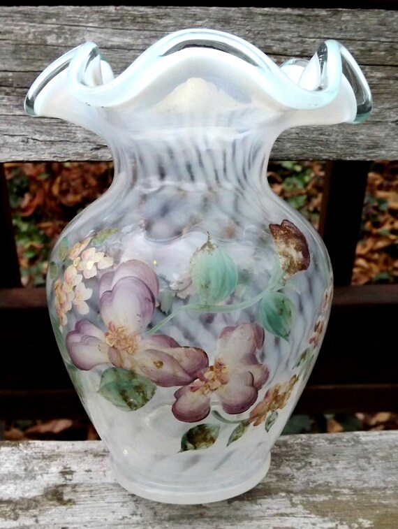 Vintage Fenton Hand Painted Signed French Spiral Optic Floral Etsy
