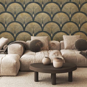 Carta da parati Art Déco con adesivo staccabile e adesivo oro e blu navy / Decorazione murale in tela autoadesiva con dettagli dorati /