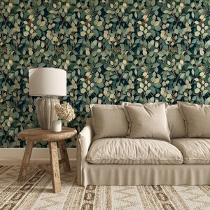 Self Adhesive Eco Friendly Leaf WallPaper | Peel and Stick Botanical WallPaper With Aesthetic Green Leaf Details | Dark Botanical Wall Mural