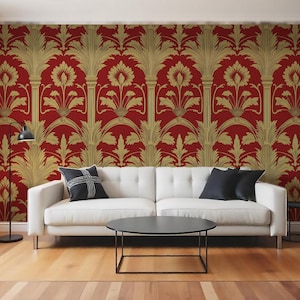 Carta da parati rossa decorata con accenti dorati / Carta da parati in stile barocco d'ispirazione vintage per interni eleganti / Carta da parati staccabile e adesiva /