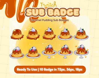 Caramel Pudding Sub Badges – Cute Kawaii Valentine Twitch Tier Badges, Sweet Dessert Love Theme Badge Set