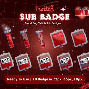 Puede incluir: Gráfico digital con insignias de suscripción de Twitch con un tema de bolsa de sangre. Las insignias incluyen tubos de ensayo y bolsas de sangre llenas de líquido rojo. El texto incluye "Twitch SUB BADGE" y "INSTANT DOWNLOAD".