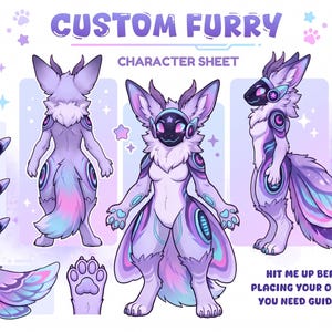 May include: A custom furry character sheet featuring a digital illustration of a purple and blue anthropomorphic creature with a visor, large ears, and a fluffy tail. Includes front, back, and side views, head expressions, a paw pad, and a color palette.