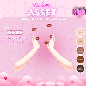 以下が含まれることがあります： Vtuber用のピンク色のデジタルアセットグラフィック。アニメーション化された手と唇が特徴です。「Vtuber Asset」、「Chat's Kiss」、肌の色合いのオプションなどのテキストが含まれています。アセットは「Rigged」で、MOC3ファイルが含まれています。