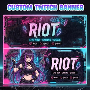 May include: A custom Twitch banner design featuring a neon pink and blue color scheme with graffiti-style elements, chains, and lightning bolts. The text reads RIOT, LIVE NOW, GAMING, CHAOS, and social media handles for Twitch, X, and Instagram.