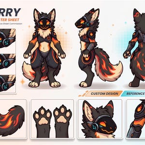 May include: A furry character reference sheet featuring a black and orange robotic creature with a visor, headphones, and flame-patterned fur. The sheet displays front, side, and back views, along with close-ups of the tail, paws, and armor details.