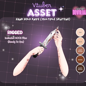 May include: A digital asset for a Vtuber, featuring a hand holding a knife. The knife blade is silver with red accents, and the handle is black. The image includes text that says "RIGGED" and "INSTANT DOWNLOAD".