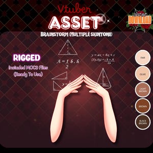 Peut inclure: Un actif numérique Vtuber intitulé Brainstorm présentant des graphismes de mains articulées avec des fichiers MOC3 inclus. L'affichage montre des formules mathématiques et cinq pastilles de couleur circulaires étiquetées Fair, Olive, Light Brown, Brown et Black Brown.