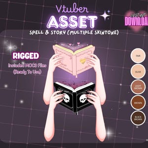 Peut inclure: Actif numérique pour Vtuber avec un livre de sorts avec un design de crâne et le texte "SPELL & STORY". L'image comprend le texte "RIGGED" et "INSTANT DOWNLOAD". Plusieurs tons de peau sont disponibles.