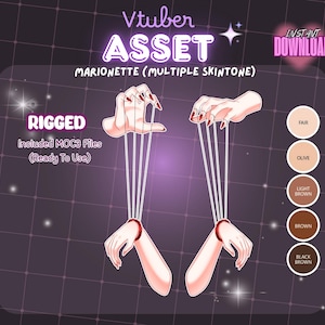 Könnte beinhalten: Digitales Asset für einen Vtuber, das zwei Cartoon-Hände als Marionette zeigt. Die Hände sind hellhäutig mit rotem Nagellack, verbunden durch Schnüre. Text enthält "Vtuber ASSET" und "MARIONETTE (MULTIPLE SKINTONE)".