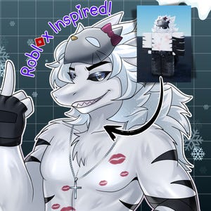 May include: Digital artwork of a white anthropomorphic character with a shark-like face, wearing a mask with a pink bow. The character has black stripes and kiss marks. The text "Roblox Inspired!" is in the upper left corner.