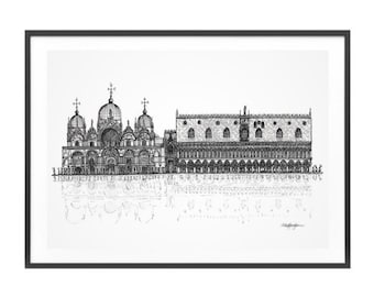 Puede incluir: Un dibujo en blanco y negro de líneas del Palacio Ducal y la Basílica de San Marcos en Venecia, Italia. El dibujo es detallado e incluye muchos elementos arquitectónicos.