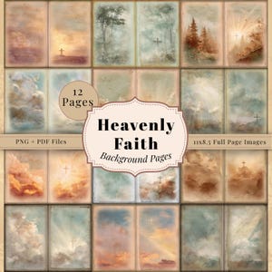 Puede incluir: Una colección de 12 páginas de fondo con temática religiosa. Cada página presenta un paisaje estilo acuarela con cruces, árboles y nubes. El texto "Heavenly Faith Background Pages" se muestra de forma destacada.