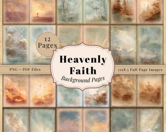 Vintage Faith Junk Journal Backgrounds | Christian Cross & Heaven Sky Papers | Antique Watercolor Bible Pages