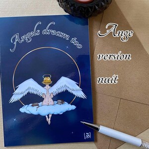 Carte à offrir originale, fait main, illustration au choix ange ou démon lisant un livre, un cadeau en plus, une surprise au design fantasy.