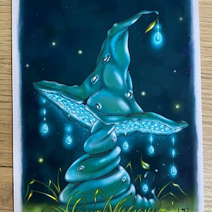 Print champignon bleu turquoise, décoration murale, format A5, poster, carte illustrée, lumières magiques nuit féérique et étoiles, fantasy