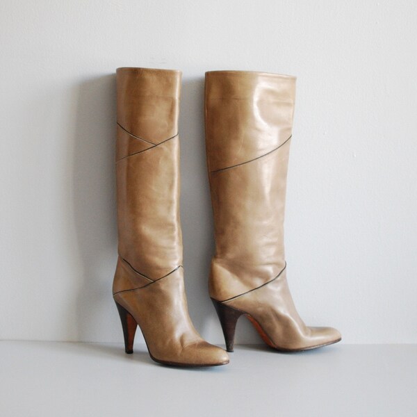 70's Lord and Taylor Ecru Leather Knee High Tall Boots size 8.5 Narrow