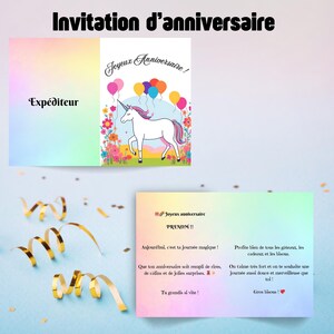 carte d'anniversaire petite fille licorne, modèle carte Joyeux anniversaire pour enfant, personnalisable et imprimable, arc en ciel