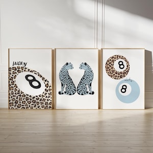 trendy wall art set of 3 blue dorm prints, lucky girl art cheetah wall art eight ball print, leopard wall art animal print funky home decor