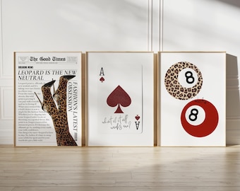 trendy wall art set of 3 retro poster room decor aesthetic, leopard wall art newspaper print eight ball poster ace of spades lucky girl art