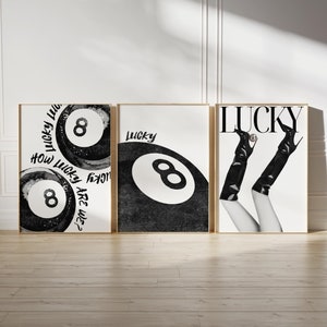 trendy wall art set of 3 black and white art lucky girl decor, eight ball print lucky you wall art prints trendy retro posters funky decor