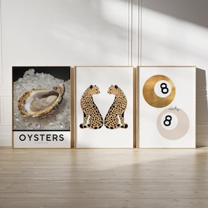 trendy wall art set of 3 fashion wall art apartment decor aesthetic prints, cheetah wall art eight ball poster old money prints funky decor