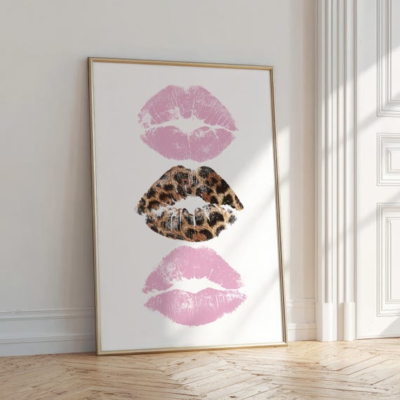 kiss lips print pink wall art college dorm decor, leopard print funky art print y2k room decor, retro wall art grunge poster bedroom decor