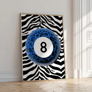 eight ball leopard print navy blue wall art dorm room decor, zera stripes cool print funky home decor, trendy wall art living room decor