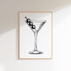 Schwarzweiße Kunst schmutzige Martini Druck acht Ball Plakat, Martini Acht Ball Druck flippige Wohnkultur, Martini Plakat glückliche Mädchen Dekor