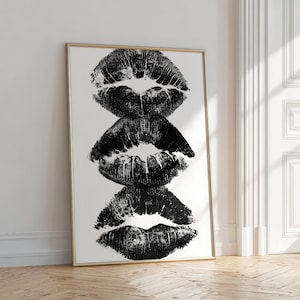 kiss lips print trendy wall art dorm room decor, black and white art cool print funky home decor, retro wall art grunge poster bedroom decor