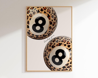 leopard wall art prints trendy 8 ball print lucky girl decor, lucky you wall art leopard print eight ball poster, leopard poster funky decor