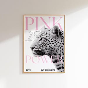 May include: A framed art print featuring a black and white leopard with pink text that reads "PINK IS POWER". Additional text at the bottom says "CUTE BUT EXPENSIVE". The artwork has a minimalist design.