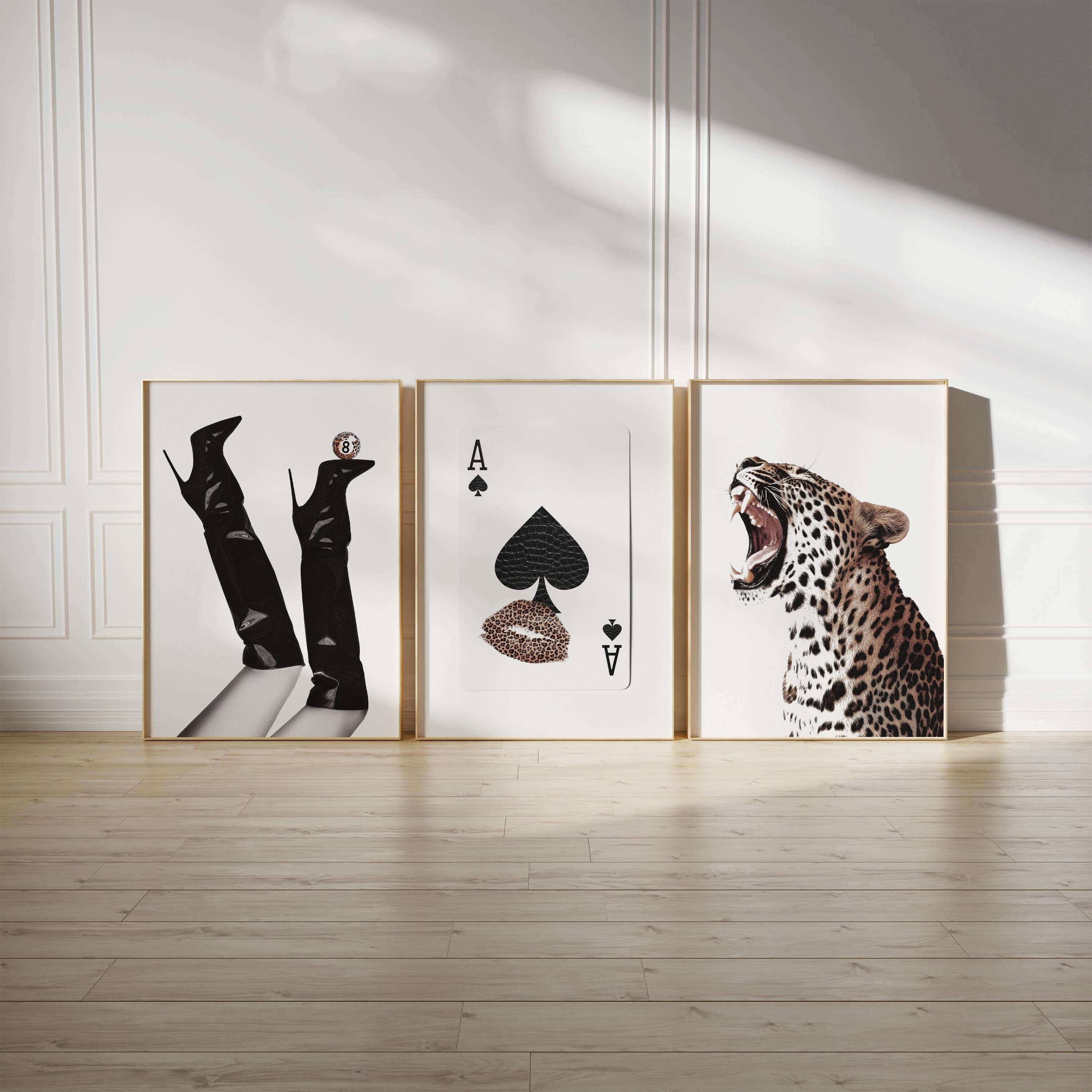 trendy wall art set of 3 funky wall art apartment decor aesthetic posters, leopard wall art eight ball print ace of spades lucky girl decor