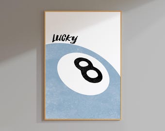 blue prints wall art trendy eight ball poster lucky girl decor, lucky girl art eight ball print, 8 ball print retro wall art apartment decor