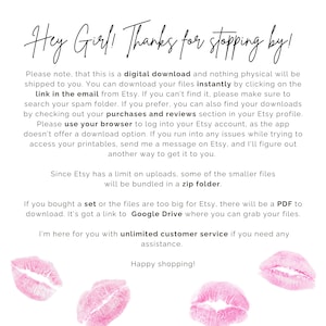 May include: Pink lips graphic design printable digital download. Instructions include information on instantly downloading files from Etsy, checking spam folders, using a browser to access Etsy account, and using a zip folder for smaller files.  Google Drive link is provided for larger files. Unlimited customer service is offered. Happy shopping!