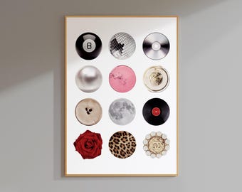 cirkels collage esthetische retro kamer muur print appartement muur decor, retro kunst aan de muur wordt afgedrukt trendy eight ball poster esthetische kamer decor