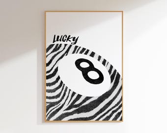 eight ball poster animal print  lucky girl decor, lucky girl art eight ball print funky decor, black and white art 8 ball print dorm decor