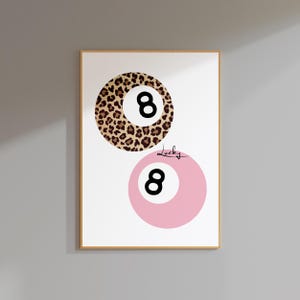 Affiche de huit boules d'art de fille chanceuse, décoration de fille chanceuse d'art de mur d'art de huit boules de léopard, décoration rétro d'affiche d'impression de boule de léopard de 8 boules