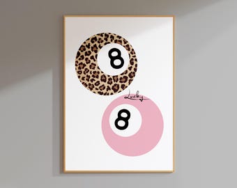 geluk meisje art luipaard print eight ball poster, luipaard wall art eight ball print geluk meisje decor, 8 ball print luipaard poster retro decor