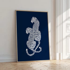 leopard wall art minimalist poster funky home decor, navy blue wall art college apartment decor, funky wall art cool print bedroom decor