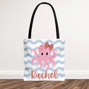 Personalisierte Octopus Kinder Tragetasche, Mädchen Strandtasche mit Namen, Benutzerdefinierte Meeresbewohner Tragetasche, niedliches nautisches Geschenk für Mädchen, Sommer Reisetasche