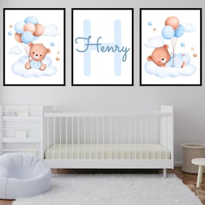 Lot de 3 oeuvres d'art mural pour chambre d'enfant garçon, impressions numériques personnalisées pour bébé garçon, décoration murale imprimable pour chambre d'enfant, impressions personnalisées ours en peluche