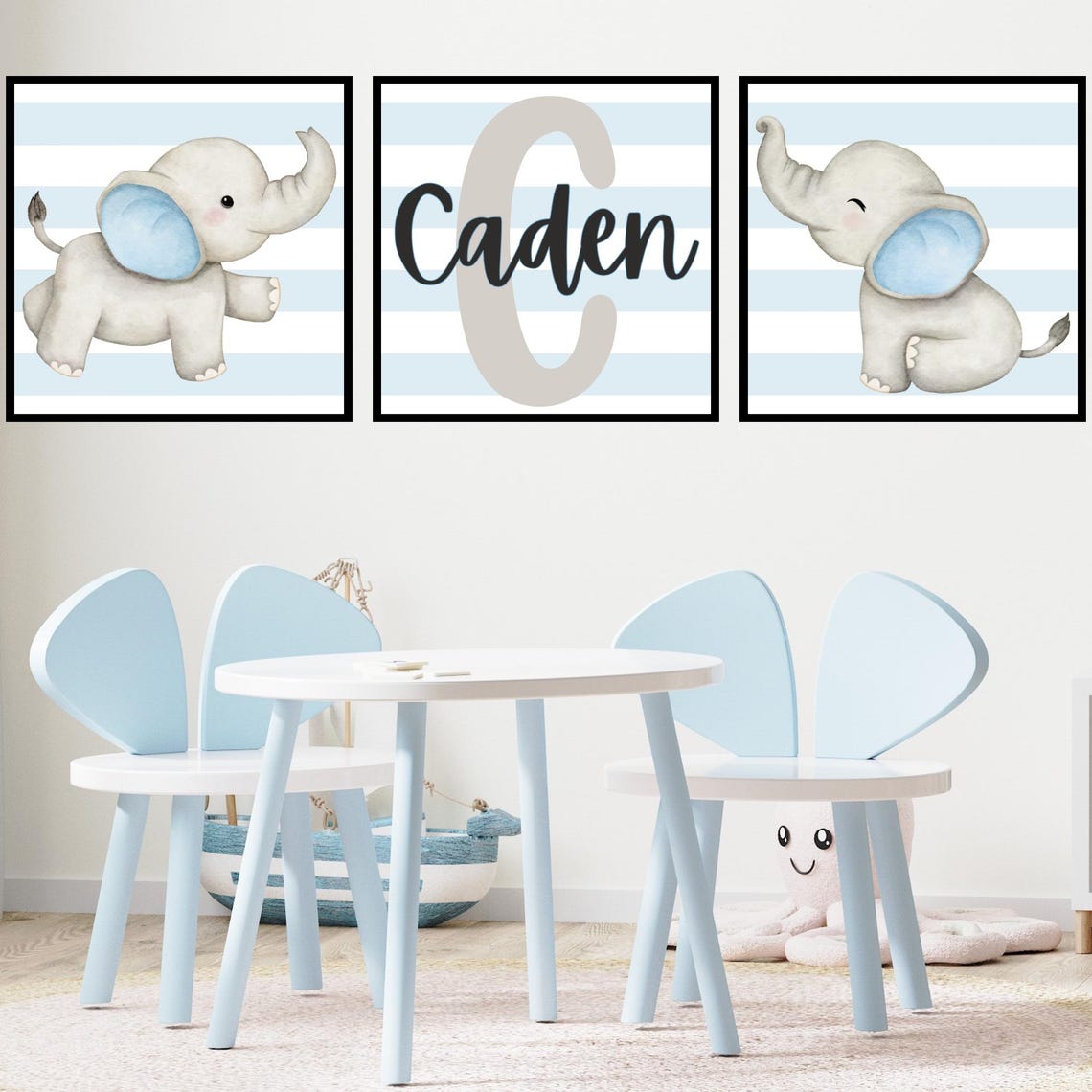 Personalized Baby Boy Elephant Nursery Wall Print Set, Custom Blue ...