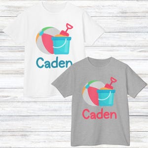 Kids Personalized Beach Tee, Custom Kids Spring Break Shirt with Pail and Shovel, Summer Beach Ball Top, Children&#39;s Vacation Shirt with Name