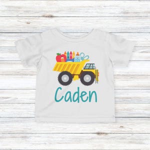Personalized Back to School Truck Shirt, Boys Construction Themed Back to School Tee, First Day of School Truck with School Supplies Shirt