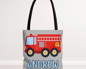 Borsa tote personalizzata per camion dei pompieri, borsa personalizzata per camion dei pompieri, regalo per bambini piccoli, borsa tote per scuola materna/asilo nido/asilo nido per bambini con nome