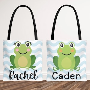 Personalisierte Kinder Tragetasche mit Frosch, Kindersommertasche, benutzerdefinierter Name Kinder Strand / Pooltasche mit Jungen / Mädchen grüner Frosch Design, Sommergeschenk