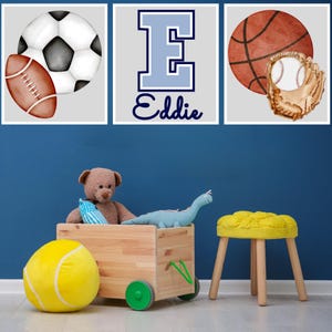Personalized Sports Nursery Digital Prints, Custom Kids Room Sports Wall Art, Boys Room Set with Football, Baseball, Basketball, and Soccer