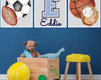 Gepersonaliseerde digitale prints sportkwekerij, aangepaste kinderkamer sportmuurkunst, jongenskamerset met voetbal, honkbal, basketbal en voetbal