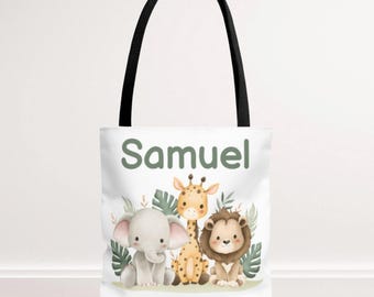 Personalized Safari Animal Kids Tote Bag, Zoo/Jungle Themed Baby/Toddler Bag with Name